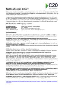 Tackling Foreign Bribery G20 countries should increase efforts to combat foreign bribery in line with the Anti-Corruption Action Plan[removed]commitment to endeavour to “adopt and enforce laws and other measures again