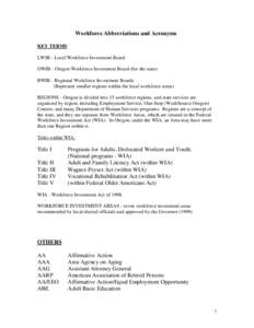 Workforce Abbreviations and Acronyms KEY TERMS LWIB - Local Workforce Investment Board OWIB - Oregon Workforce Investment Board (for the state) RWIB - Regional Workforce Investment Boards (Represent smaller regions withi