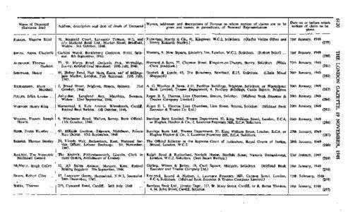 Names, addresses and descriptions of Persons to whom notices of claims are to be Date on or before which Address, description and date of death of Deceased notices of claim to be