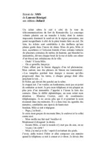 Extrait de : SMS de Laurent Bénégui aux éditions Juliard Un éclair zébra le ciel à côté de la tour de télécommunications du fort de Romainville. La soucoupe volante plantée sur un manche à balai, dont la stat