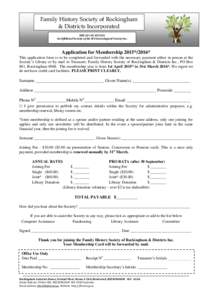 Family History Society of Rockingham & Districts Incorporated ABNAn Affiliated Society of the WA Genealogical Society Inc.  Application for Membership 2015*/2016*