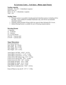 St. Lawrence Centre - Tech Specs – Bluma Appel Theatre Seating capacity Orchestra[removed] + 2 wheelchairs w/guests) Dress Circle 319 Boxes[removed] + 2 wheelchairs w/guests) Total 876