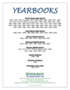 YEARBOOKS Winter Haven High School 1922, 1923, copies), 1927, 1930, 1932, 1938, 1939, 1941, “After 50 Years” Class ofcopies)1947, 1950, 1954, 1960, 1961, 1962, 1965, 1966, 1967, 1968, 1970, 1973, 197