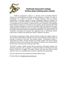Ad  Southwest Acupuncture College Advisory Board seeking public member  	
  