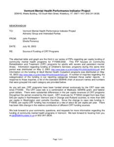 Vermont Mental Health Performance Indicator Project DDMHS, Weeks Building, 103 South Main Street, Waterbury, VT[removed][removed]MEMORANDUM TO: