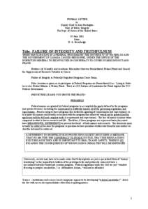 FORMAL LETTER to: Deputy Chief Jo Ann Farrington Dept. of Public Integrity The Dept. of Justice of the United States 07 June 2001