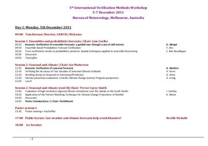 5th International Verification Methods Workshop 5-7 December 2011 Bureau of Meteorology, Melbourne, Australia Day 1: Monday, 5th December[removed]:00 Tom Keenan: Director, CAWCR | Welcome Session 1: Ensembles and probabil