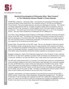 Contact: Uri Nodelman Stanford Encyclopedia of PhilosophyFOR IMMEDIATE RELEASE