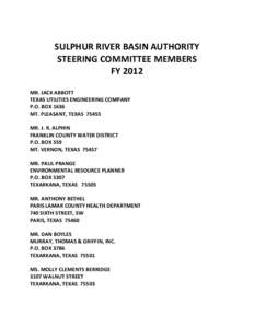 SULPHUR RIVER BASIN AUTHORITY STEERING COMMITTEE MEMBERS FY 2012 MR. JACK ABBOTT TEXAS UTILITIES ENGINEERING COMPANY P.O. BOX 1636