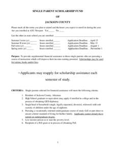 SINGLE PARENT SCHOLARSHIP FUND OF JACKSON COUNTY Please mark all the terms you plan to attend and the hours you expect to enroll in during the year. Are you enrolled at ASU Newport Yes_____ No ____ List the other in-stat