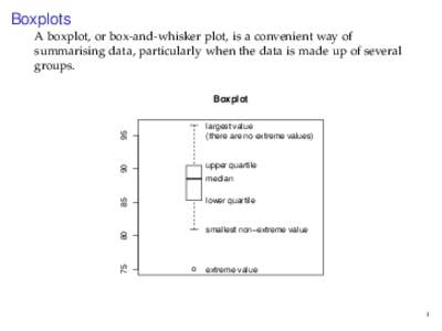 Boxplots A boxplot, or box-and-whisker plot, is a convenient way of summarising data, particularly when the data is made up of several groups.  95