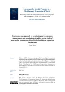 Languages for Special Purposes in a Multilingual, Transcultural World Proceedings of the 19th European Symposium on Languages for Special Purposes, 8-10 July 2013, Vienna, Austria http://lsp2013.univie.ac.at/proceedings