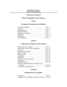 Department of Labor Board of Labor Relations TABLE OF CONTENTS Collective Bargaining for State Employees Article I Description of Organization and Definitions