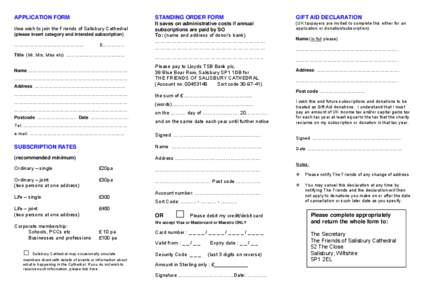 APPLICATION FORM  STANDING ORDER FORM GIFT AID DECLARATION