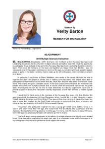 Speech By  Verity Barton MEMBER FOR BROADWATER  Record of Proceedings, 2 April 2014