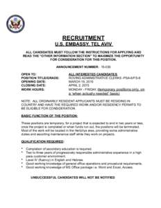 RECRUITMENT U.S. EMBASSY, TEL AVIV !  ALL CANDIDATES MUST FOLLOW THE INSTRUCTIONS FOR APPLYING AND