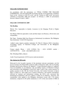 INQAAHE PAPER REVISED (in accordance with the instructions on “FINAL PAPERS FOR INQAAHE CONFERENCE” from the INQAAHE Secretariat and the Local Organizing Committee based on the “Abstract in[removed]words” and the