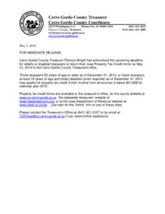 Cerro Gordo County Treasurer Cerro Gordo County Courthouse 220 N Washington Ave Mason City, IA[removed]Patricia J. Wright,, Treasurer [removed]