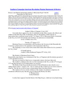 Southern Campaign American Revolution Pension Statements & Rosters Bounty Land Warrant information relating to Merryman Payne VAS146 Transcribed by Will Graves vsl8VA[removed]