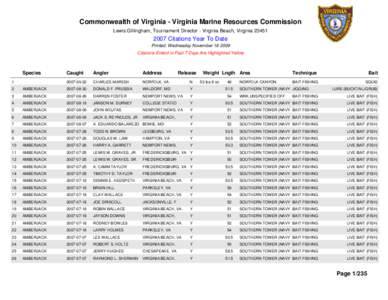 Commonwealth of Virginia - Virginia Marine Resources Commission Lewis Gillingham, Tournament Director - Virginia Beach, Virginia[removed]Citations Year To Date Printed: Wednesday November[removed]Citations Enterd in P