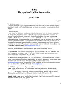 HSA Hungarian Studies Association NEWSLET TER May[removed]Announcements