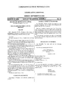 COMMONWEALTH OF PENNSYLVANIA  LEGISLATIVE JOURNAL MONDAY, SEPTEMBER 25, 2000 SESSION OF 2000