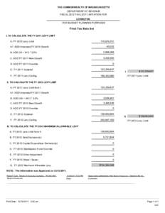 THE COMMONWEALTH OF MASSACHUSETTS  DEPARTMENT OF REVENUE FISCAL 2012 TAX LEVY LIMITATION FOR LEXINGTON FOR BUDGET PLANNING PURPOSES