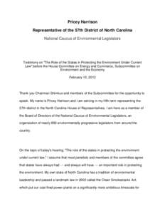 Pricey Harrison Representative of the 57th District of North Carolina National Caucus of Environmental Legislators Testimony on 