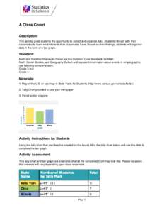 A Class Count Description: This activity gives students the opportunity to collect and organize data. Students interact with their classmates to learn what interests their classmates have. Based on their findings, studen