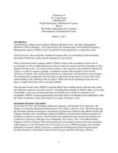 Testimony of W. Craig Fugate Administrator Federal Emergency Management Agency Before The Senate Appropriations Committee