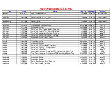 COKE ZERO 400 Schedule 2014 Day Monday Date[removed]