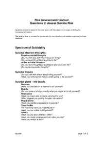 Risk Assessment Handout Questions to Assess Suicide Risk Questions should be asked in the order given until the patient is no longer exhibiting the increasing risk factors. Risk level is likely to increase for suicide wi