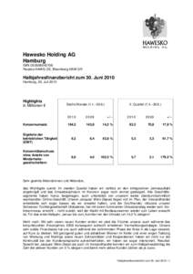 Hawesko Holding AG Hamburg ISIN DE0006042708 Reuters HAWG.DE, Bloomberg HAW GR  Halbjahresfinanzbericht zum 30. Juni 2010