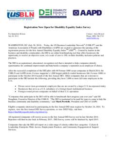 Registration Now Open for Disability Equality Index Survey For Immediate Release July 30, 2014 Contact: Anita Howard Phone: ([removed]