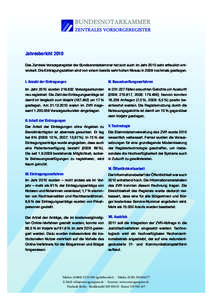 Jahresbericht 2010 Das Zentrale Vorsorgeregister der Bundesnotarkammer hat sich auch im Jahr 2010 sehr erfreulich entwickelt. Die Eintragungszahlen sind von einem bereits sehr hohen Niveau in 2009 nochmals gestiegen. I. 