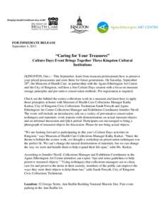                FOR IMMEDIATE RELEASE September 4, 2013  “Caring for Your Treasures”