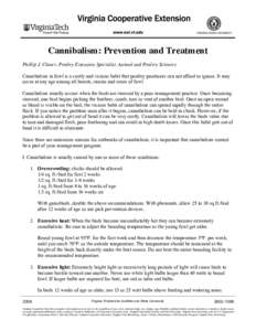 Cannibalism: Prevention and Treatment Phillip J. Clauer, Poultry Extension Specialist, Animal and Poultry Sciences Cannibalism in fowl is a costly and vicious habit that poultry producers can not afford to ignore. It ma