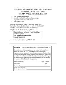 FINNISH MEMORIAL 5 MILE ROAD RACE SUNDAY, JUNE 23rd[removed]SAIMA PARK, FITCHBURG, MA • • •