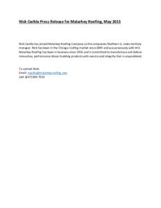 Microsoft Word - Nick Cwikla Press release for malarkey Roofing.docx