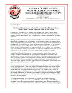 ASSEMBLY OF FIRST NATIONS  PRESS RELEASE/COMMUNIQUÉ ASSEMBLÉE DES PREMIÈRES NATIONS 55, RUE METCALFE STREET SUITE/BUREAU 1600