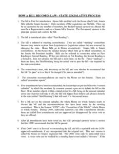 HOW A BILL BECOMES LAW: STATE LEGISLATIVE PROCESS 1. The bill is filed for introduction. House bills are filed with the House chief Clerk, Senate bills with the Senate Secretary. Only members of the Legislature can file 