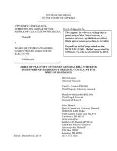 STATE OF MICHIGAN IN THE COURT OF APPEALS ATTORNEY GENERAL BILL SCHUETTE, ON BEHALF OF THE Court of Appeals No. PEOPLE OF THE STATE OF MICHIGAN,