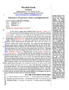 Parashat Noach ‫פרשת נח‬ Shabbat Heshvan 1, 5772, October 29, 2011