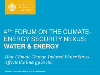 4TH FORUM ON THE CLIMATEENERGY SECURITY NEXUS: WATER & ENERGY How Climate Change-Induced Water Stress Affects the Energy Sector BETSY OTTO, GLOBAL DIRECTOR, WATER PROGRAM