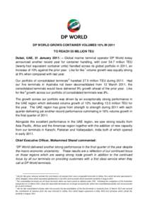 DP WORLD GROWS CONTAINER VOLUMES 10% IN 2011 TO REACH 55 MILLION TEU Dubai, UAE, 31 January 2011: – Global marine terminal operator DP World today announced another record year for container handling, with over 54.7 mi