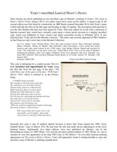 Yeats’s inscribed Land of Heart’s Desire Since having my article published on the inscribed copy of Mosher’s printing of Yeats’s The Land of Heart’s Desire (Yeats Annual, 2013), two other copies have come on th