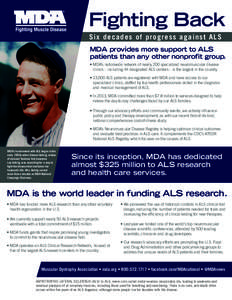 Fighting Back S ix decades of progres s against A LS MDA provides more support to ALS patients than any other nonprofit group. • MDA’s nationwide network of nearly 200 specialized neuromuscular disease clinics – in