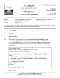 CITY OF LAKE OSWEGO  AGENDA REDEVELOPMENT AGENCY  Tuesday, June 5, 2012