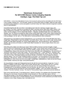 FOR IMMEDIATE RELEASE  Nominees Announced