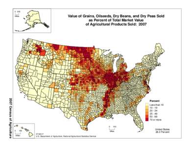 0 200 Miles Value of Grains, Oilseeds, Dry Beans, and Dry Peas Sold as Percent of Total Market Value of Agricultural Products Sold: 2007